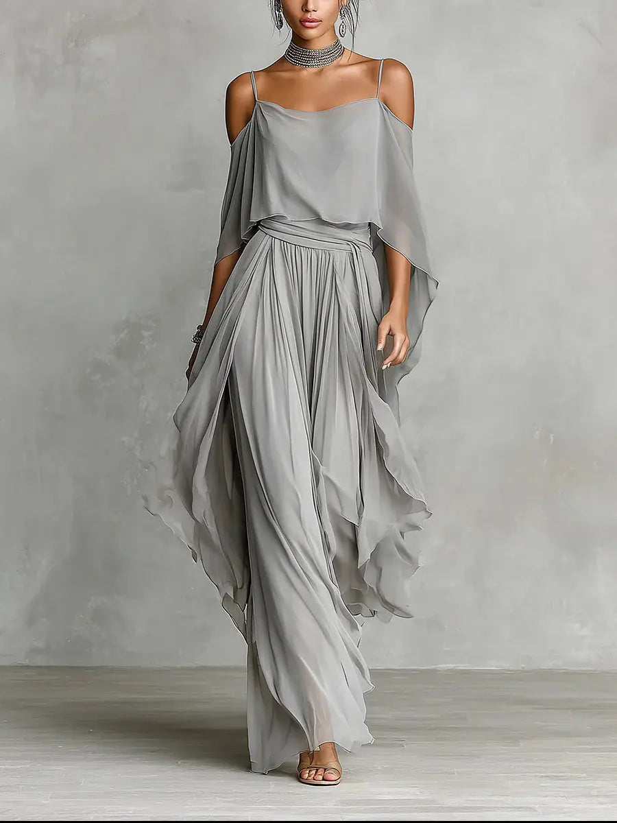 ISABELLA™ | Off-Shoulder Top and Chiffon Trousers Set in Grey CULT ÉIRE