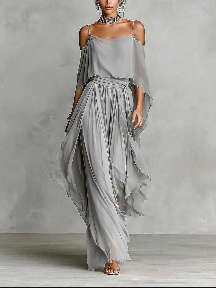 ISABELLA™ | Off-Shoulder Top and Chiffon Trousers Set in Grey CULT ÉIRE