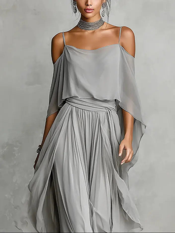 ISABELLA™ | Off-Shoulder Top and Chiffon Trousers Set in Grey CULT ÉIRE