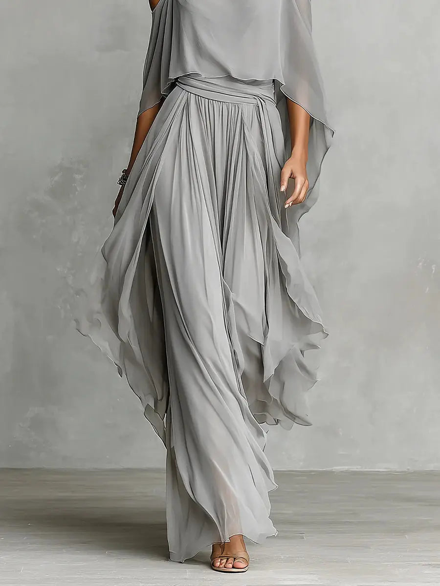 ISABELLA™ | Off-Shoulder Top and Chiffon Trousers Set in Grey CULT ÉIRE