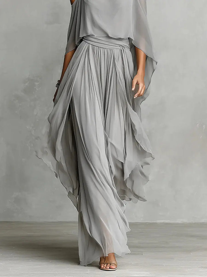 ISABELLA™ | Off-Shoulder Top and Chiffon Trousers Set in Grey CULT ÉIRE