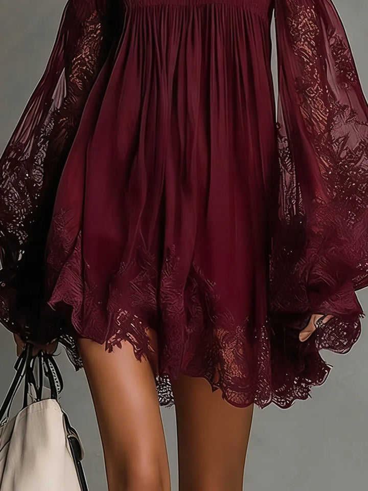 NOEMI™ | Navy Blue Off-Shoulder Chiffon Mini Dress with Lace Trim and Sheer Sleeves CULT ÉIRE