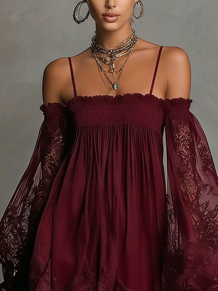 NOEMI™ | Navy Blue Off-Shoulder Chiffon Mini Dress with Lace Trim and Sheer Sleeves CULT ÉIRE