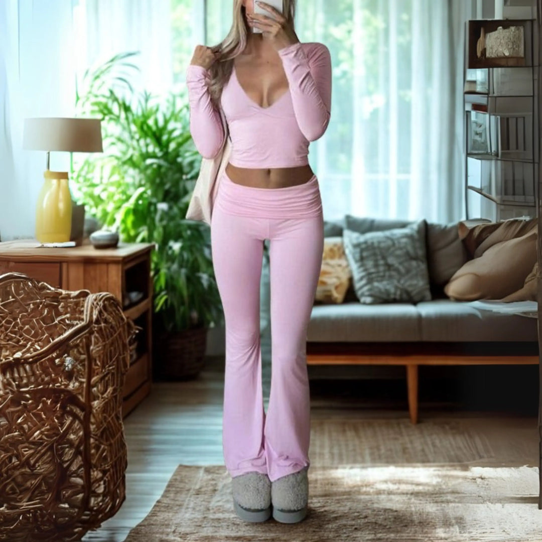 SINA™ - Casual V-Neck Long Sleeve Crop Top and Pants Set CULT ÉIRE
