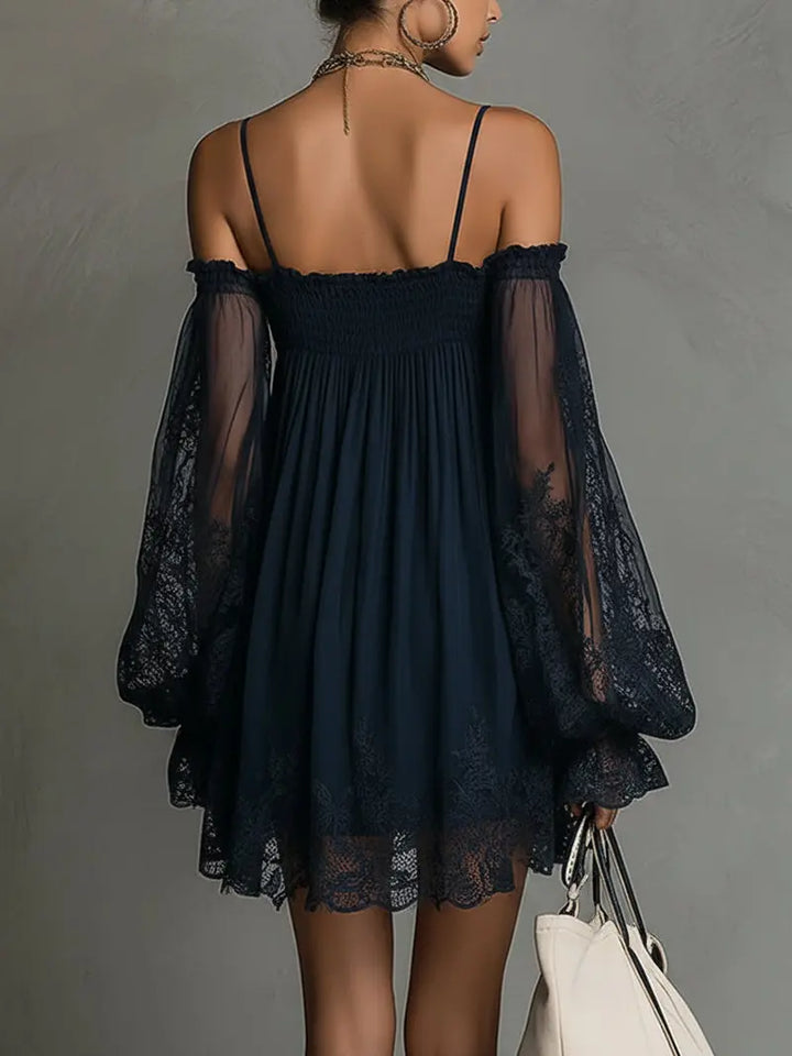 NOEMI™ | Navy Blue Off-Shoulder Chiffon Mini Dress with Lace Trim and Sheer Sleeves CULT ÉIRE