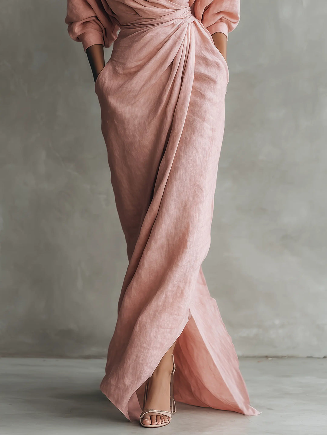 LUCIANA™ | Minimalist Pink V-Neck Maxi Dress in Linen Blend CULT ÉIRE