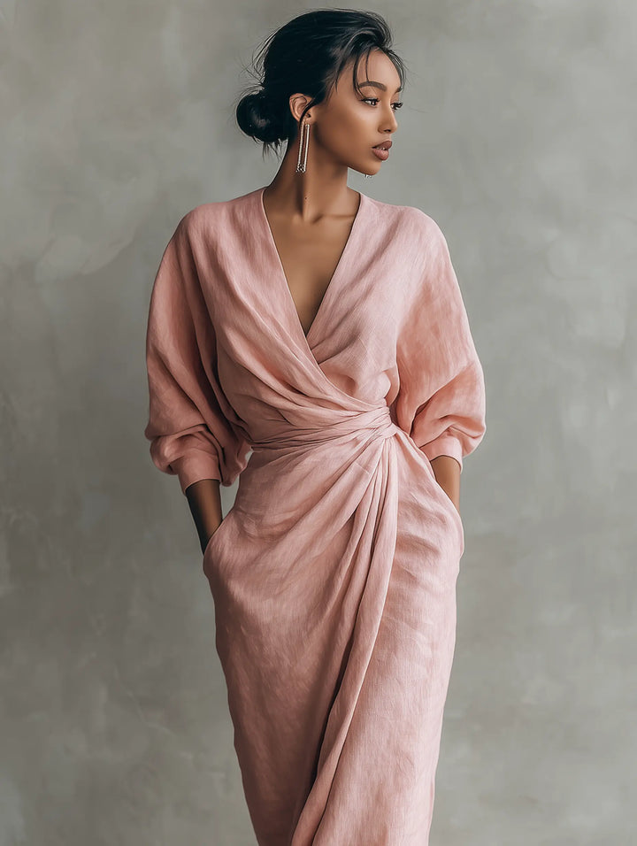 LUCIANA™ | Minimalist Pink V-Neck Maxi Dress in Linen Blend CULT ÉIRE