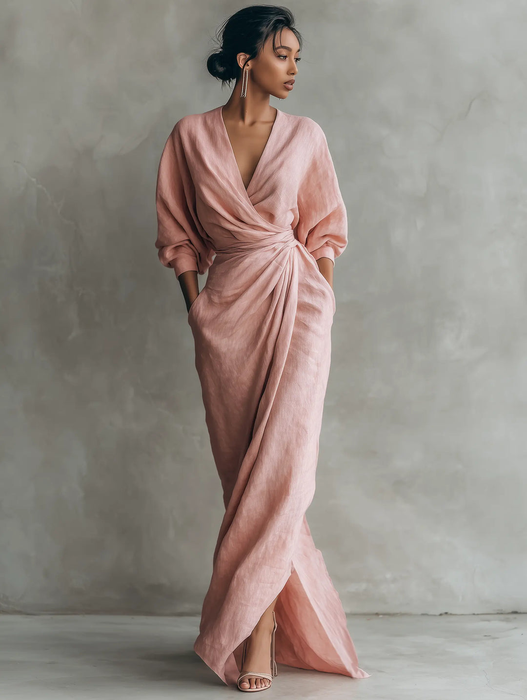 LUCIANA™ | Minimalist Pink V-Neck Maxi Dress in Linen Blend CULT ÉIRE