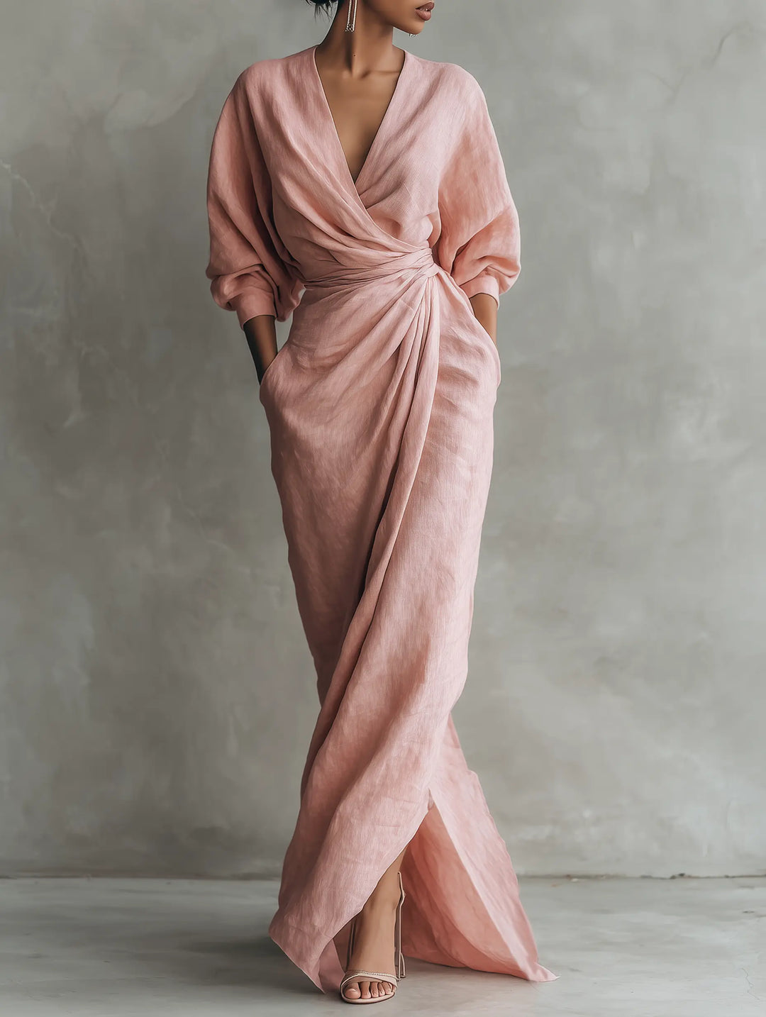 LUCIANA™ | Minimalist Pink V-Neck Maxi Dress in Linen Blend CULT ÉIRE