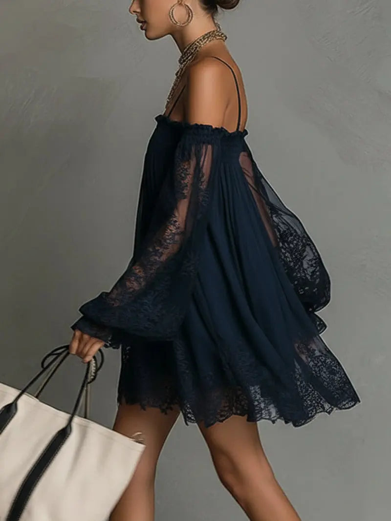NOEMI™ | Navy Blue Off-Shoulder Chiffon Mini Dress with Lace Trim and Sheer Sleeves CULT ÉIRE