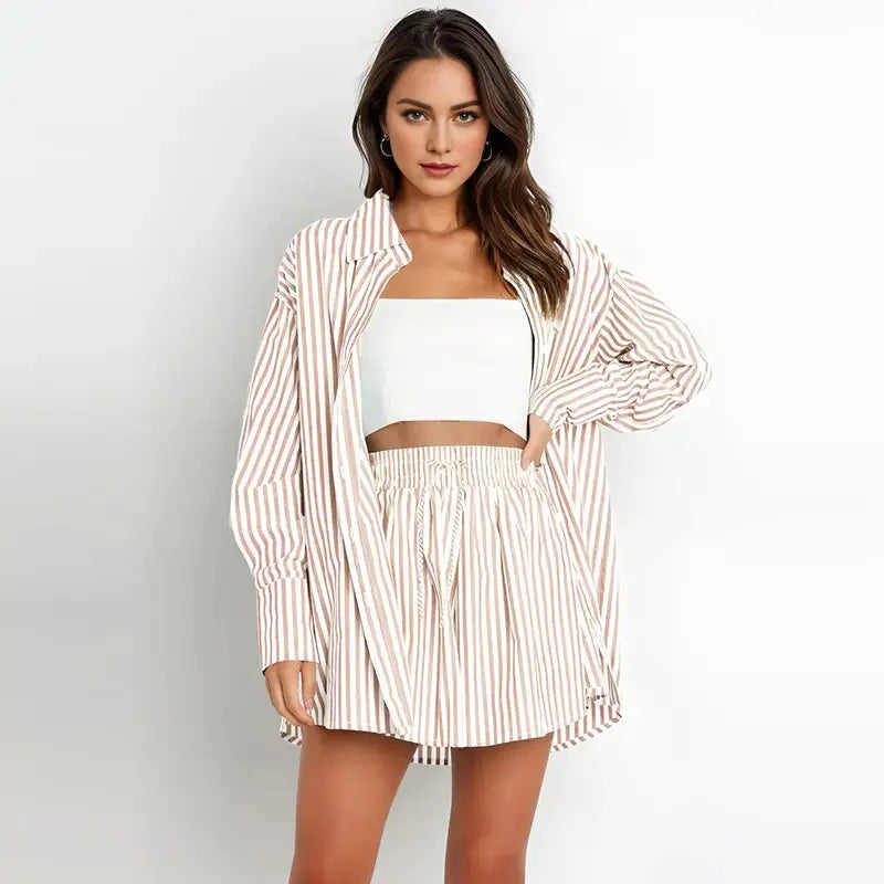 TIFY™ –  Chic Striped Collared Shirt and Wide-Leg Shorts Set CULT ÉIRE