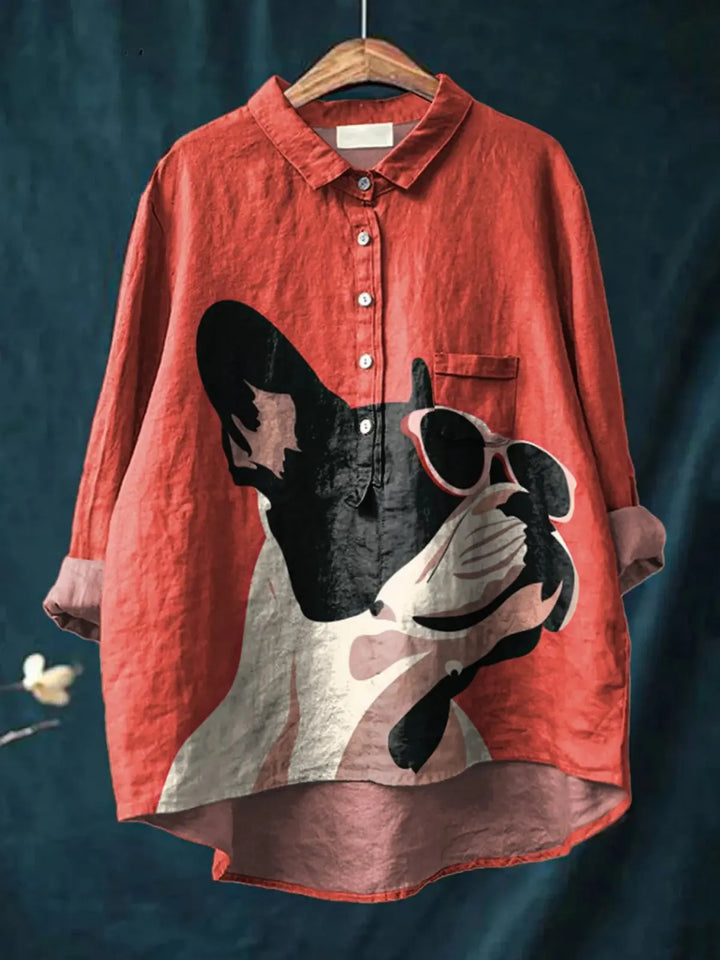 Samantha | Decorative Pattern of French Bulldog Wearing Sunglasses On Red Background Casual  Shirt CULT ÉIRE