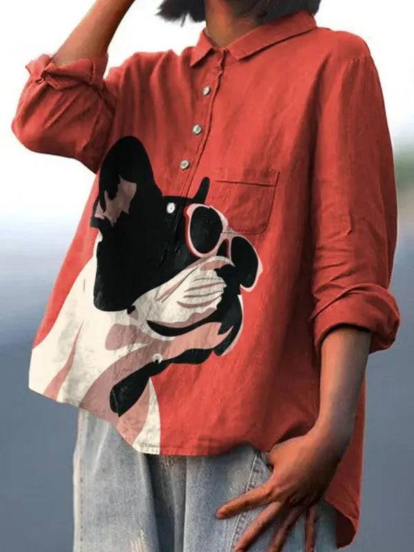 Samantha | Decorative Pattern of French Bulldog Wearing Sunglasses On Red Background Casual  Shirt CULT ÉIRE