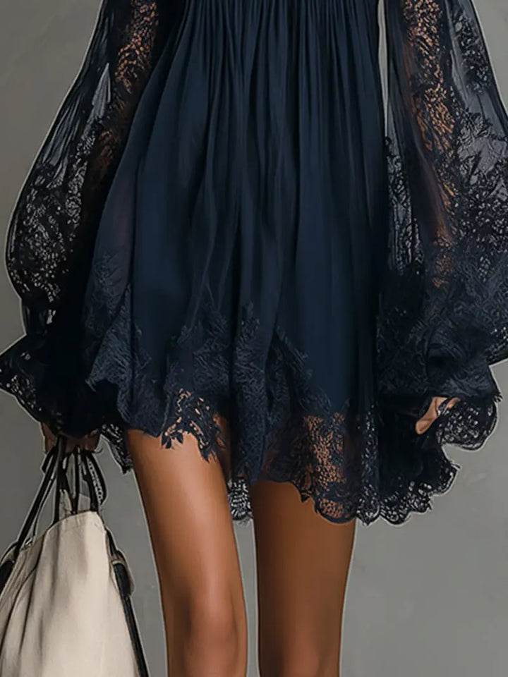 NOEMI™ | Navy Blue Off-Shoulder Chiffon Mini Dress with Lace Trim and Sheer Sleeves CULT ÉIRE