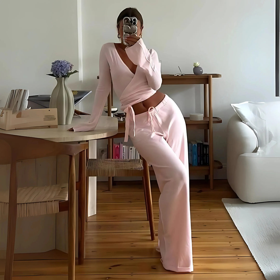LETISA™ - Chic V-Neck Long Sleeve Top and Pants Set CULT ÉIRE