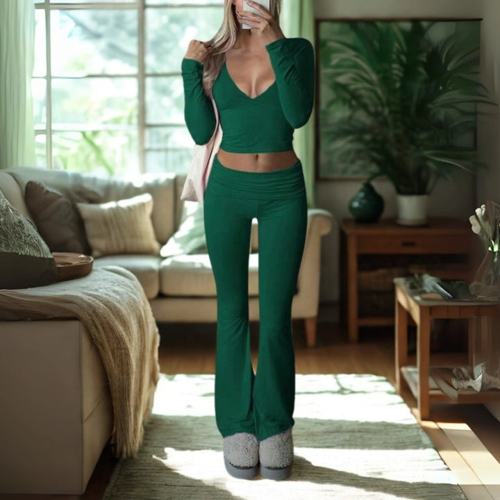 SINA™ - Casual V-Neck Long Sleeve Crop Top and Pants Set CULT ÉIRE
