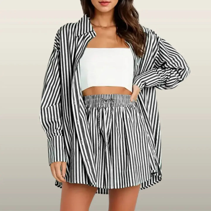 TIFY™ –  Chic Striped Collared Shirt and Wide-Leg Shorts Set CULT ÉIRE