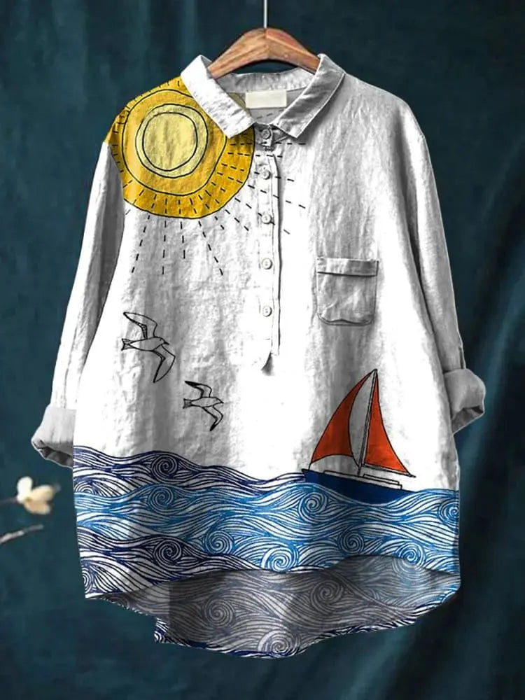 Marine | Women’s Coastal Waves Print Casual Shirt CULT ÉIRE