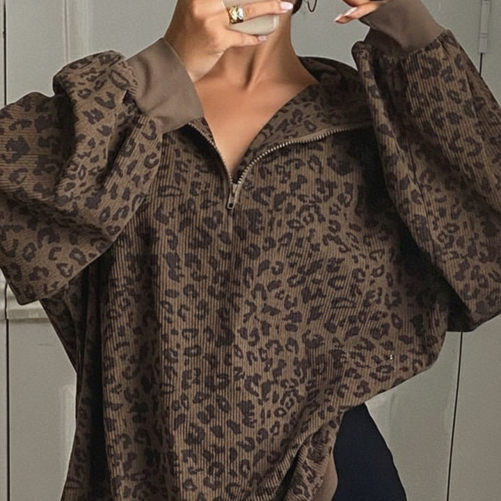 INGRID™ - Women’s Casual Zip-Up Front Leopard Print Sweatshirt Long Sleeve CULTÉIRE DUBLIN