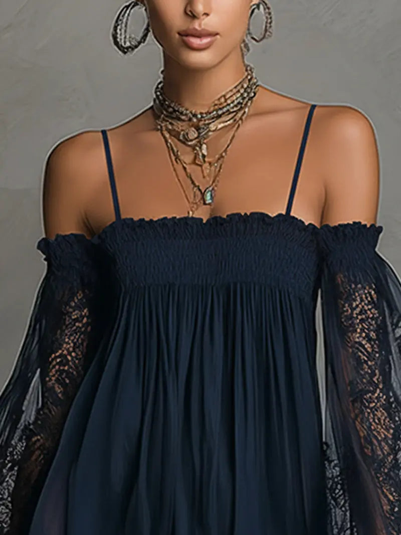 NOEMI™ | Navy Blue Off-Shoulder Chiffon Mini Dress with Lace Trim and Sheer Sleeves CULT ÉIRE