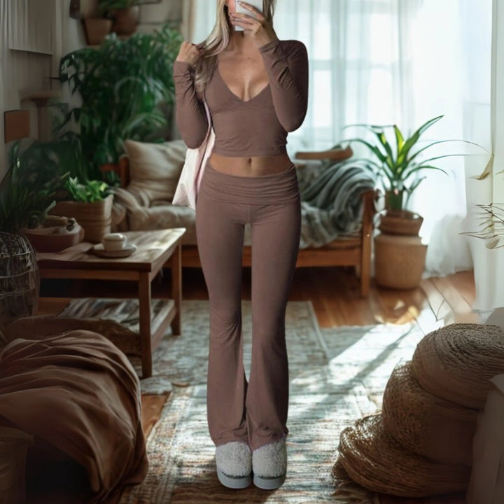 SINA™ - Casual V-Neck Long Sleeve Crop Top and Pants Set CULT ÉIRE
