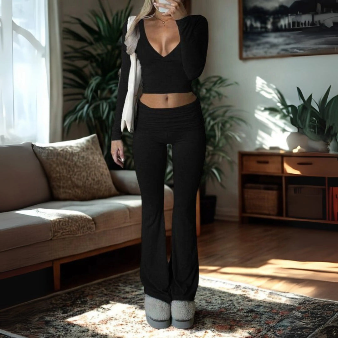 SINA™ - Casual V-Neck Long Sleeve Crop Top and Pants Set CULT ÉIRE