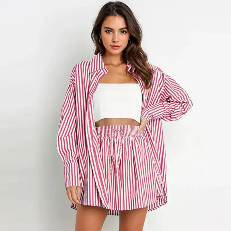TIFY™ –  Chic Striped Collared Shirt and Wide-Leg Shorts Set CULT ÉIRE