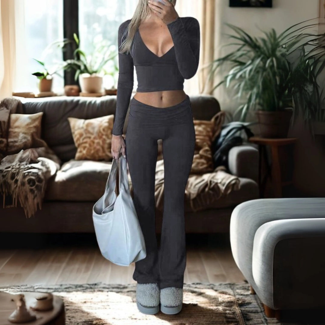 SINA™ - Casual V-Neck Long Sleeve Crop Top and Pants Set CULT ÉIRE