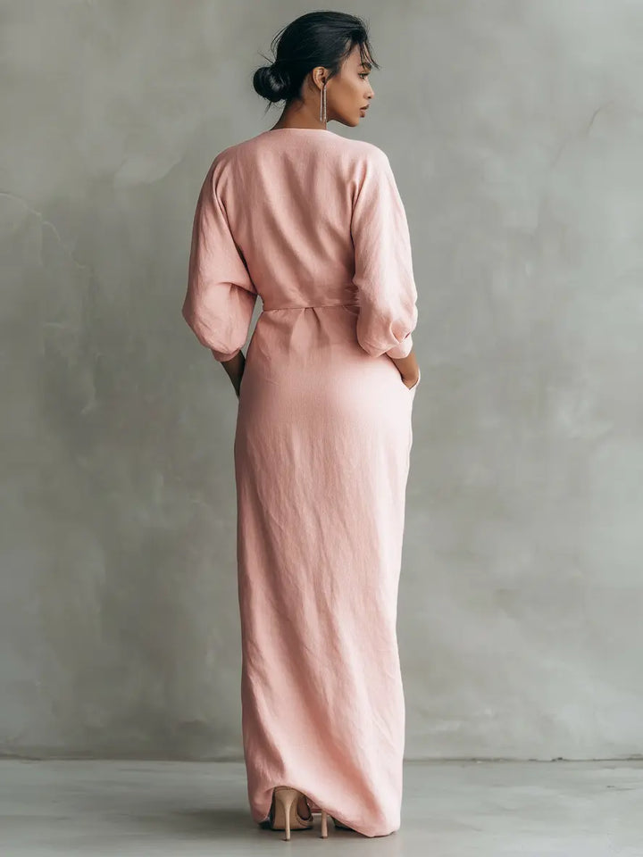 LUCIANA™ | Minimalist Pink V-Neck Maxi Dress in Linen Blend CULT ÉIRE