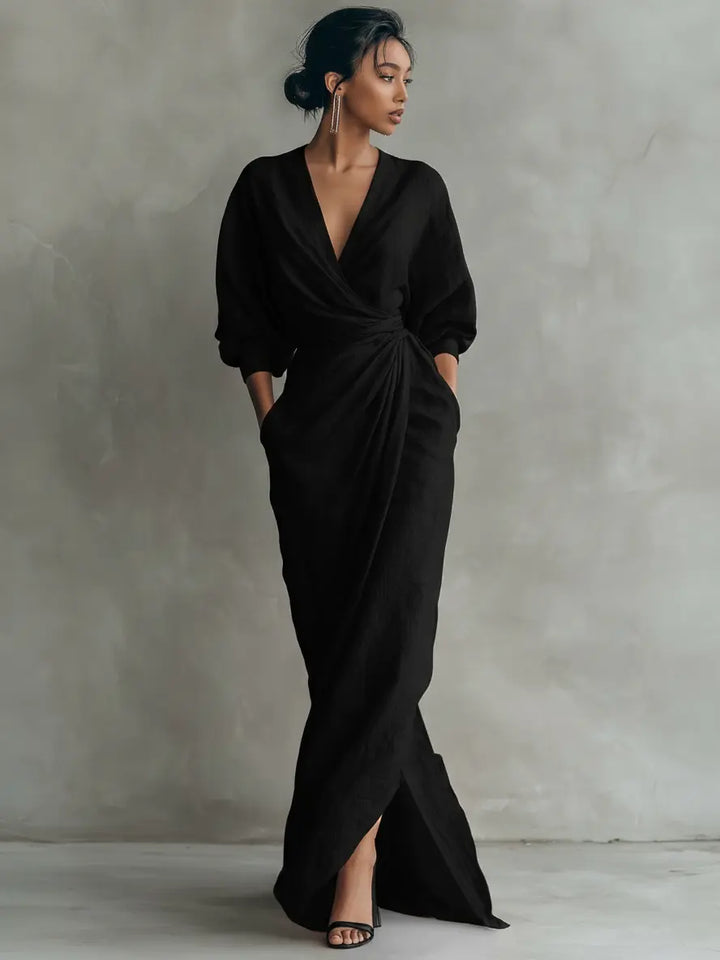LUCIANA™ | Minimalist Pink V-Neck Maxi Dress in Linen Blend CULT ÉIRE