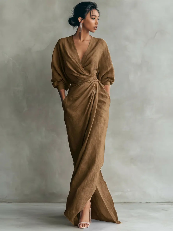 LUCIANA™ | Minimalist Pink V-Neck Maxi Dress in Linen Blend CULT ÉIRE