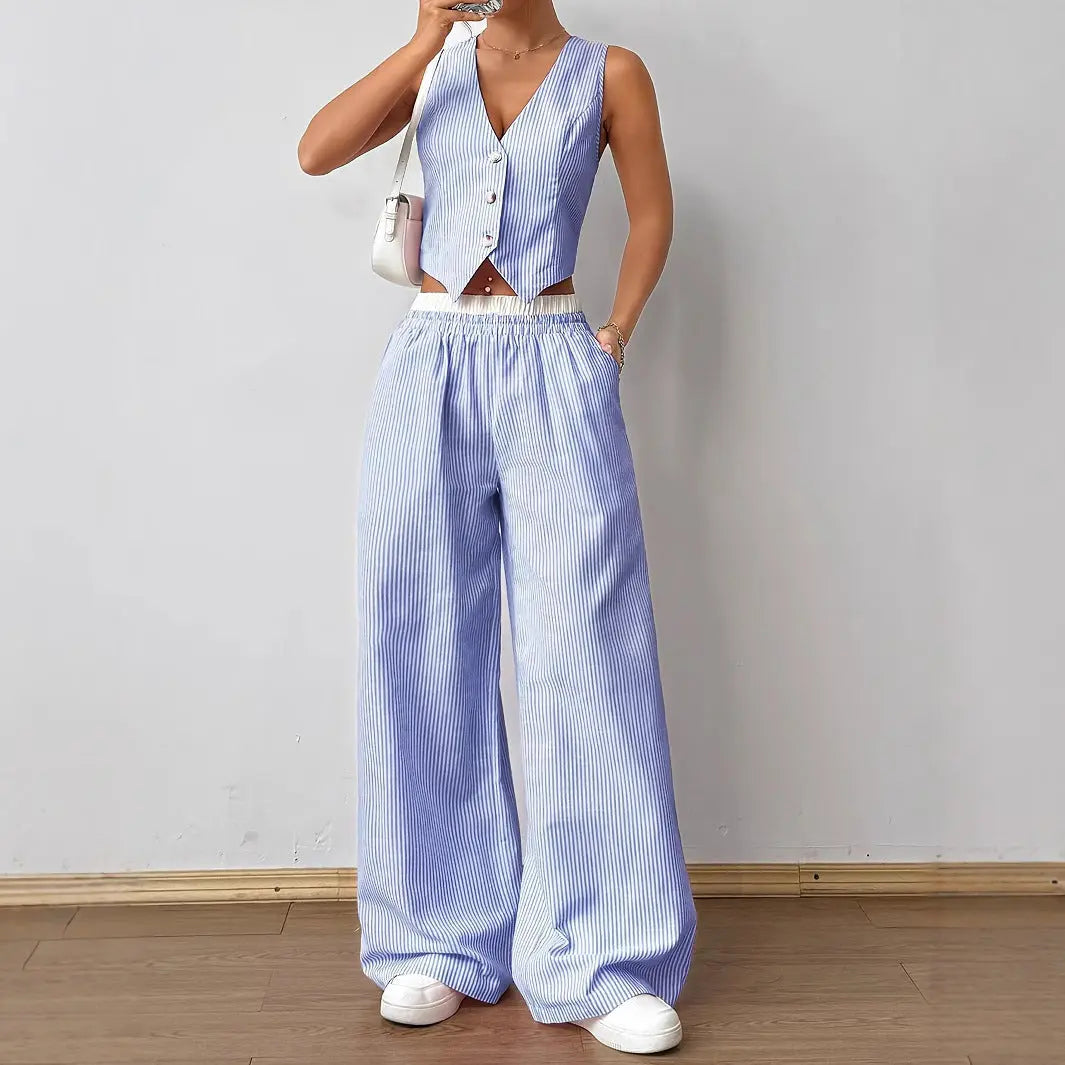 HELENA™ - Elegant Striped Print Vest Top &amp; Wide-Leg Pants Set CULT ÉIRE