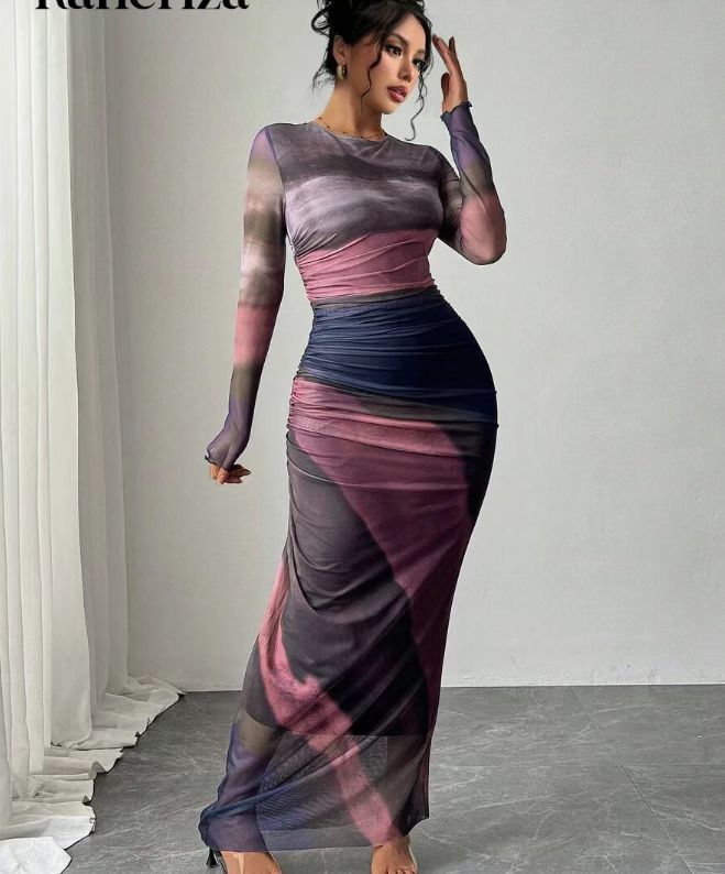 JULIA™ - Comfy Printed Long Sleeve Round Neck Bodycon Maxi Dress CULTÉIRE DUBLIN