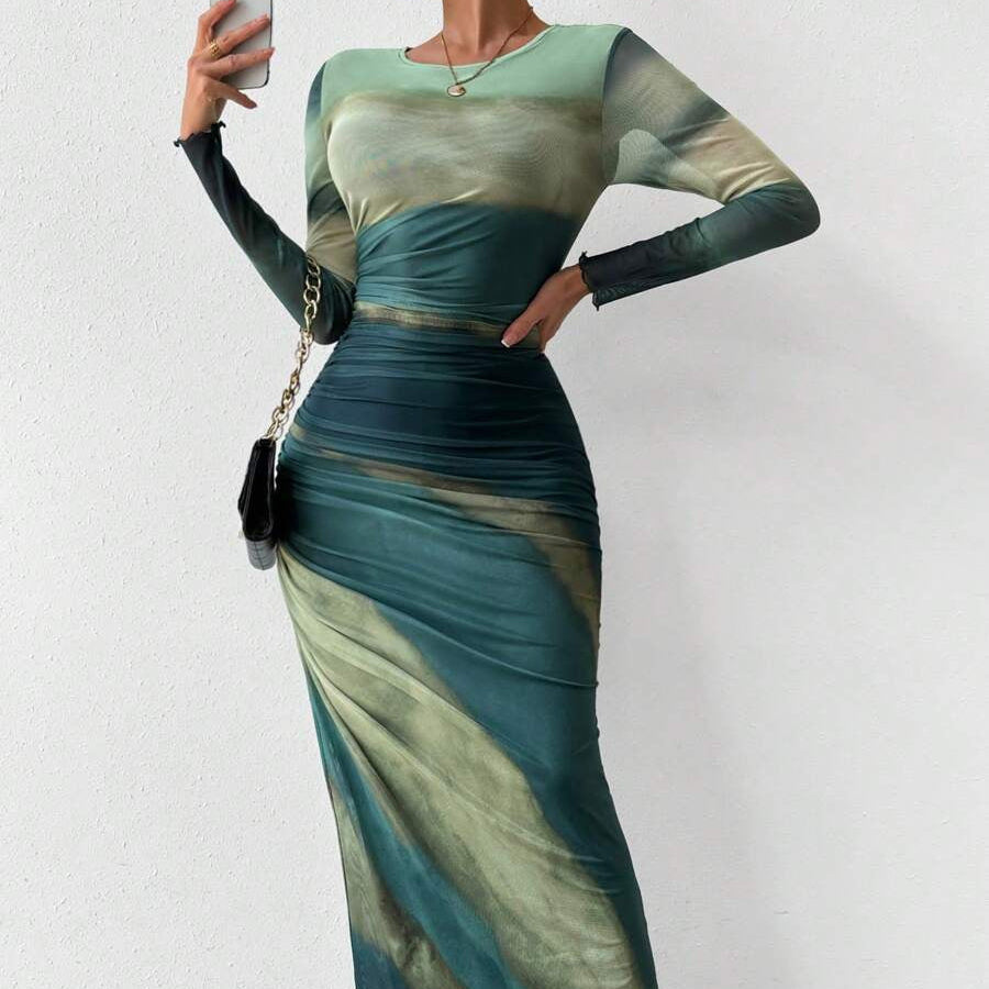 JULIA™ - Comfy Printed Long Sleeve Round Neck Bodycon Maxi Dress CULTÉIRE DUBLIN