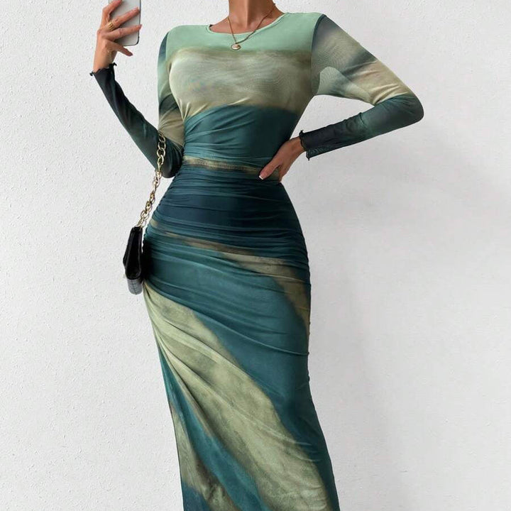 JULIA™ - Comfy Printed Long Sleeve Round Neck Bodycon Maxi Dress CULTÉIRE DUBLIN