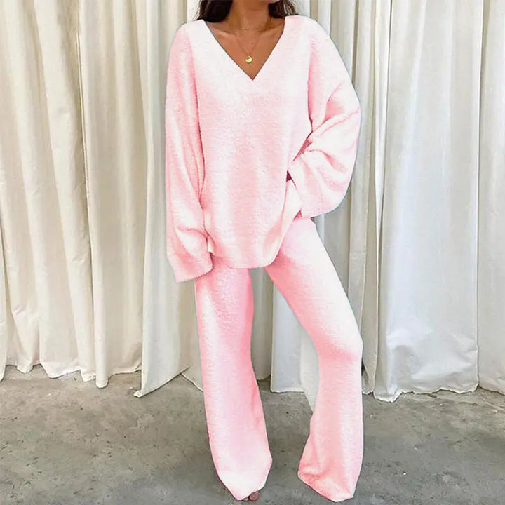 REBECCA™ - Women’s 2-Piece Lounge Set Soft Chunky V-Neck Top &amp; Wide Leg Pants for Homewear CULT ÉIRE