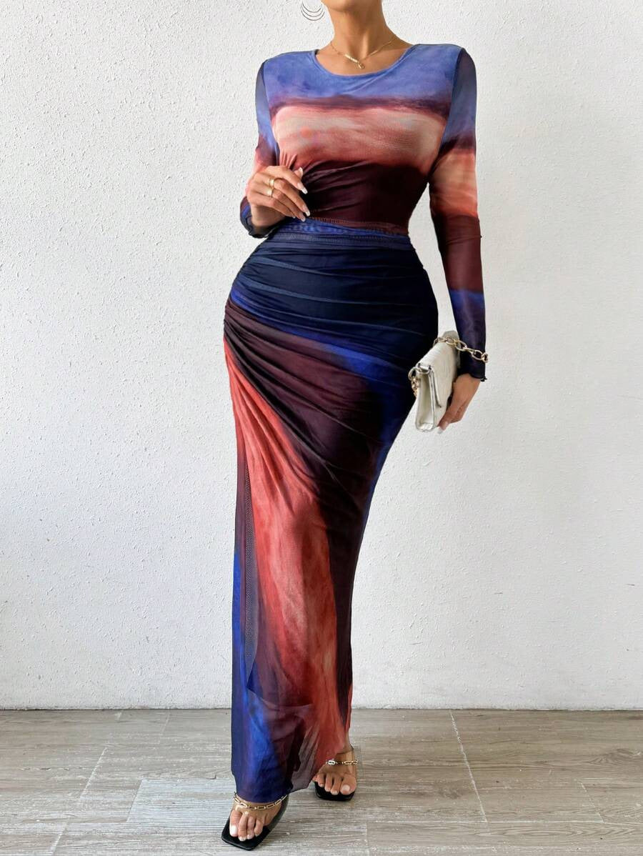 JULIA™ - Comfy Printed Long Sleeve Round Neck Bodycon Maxi Dress CULTÉIRE DUBLIN