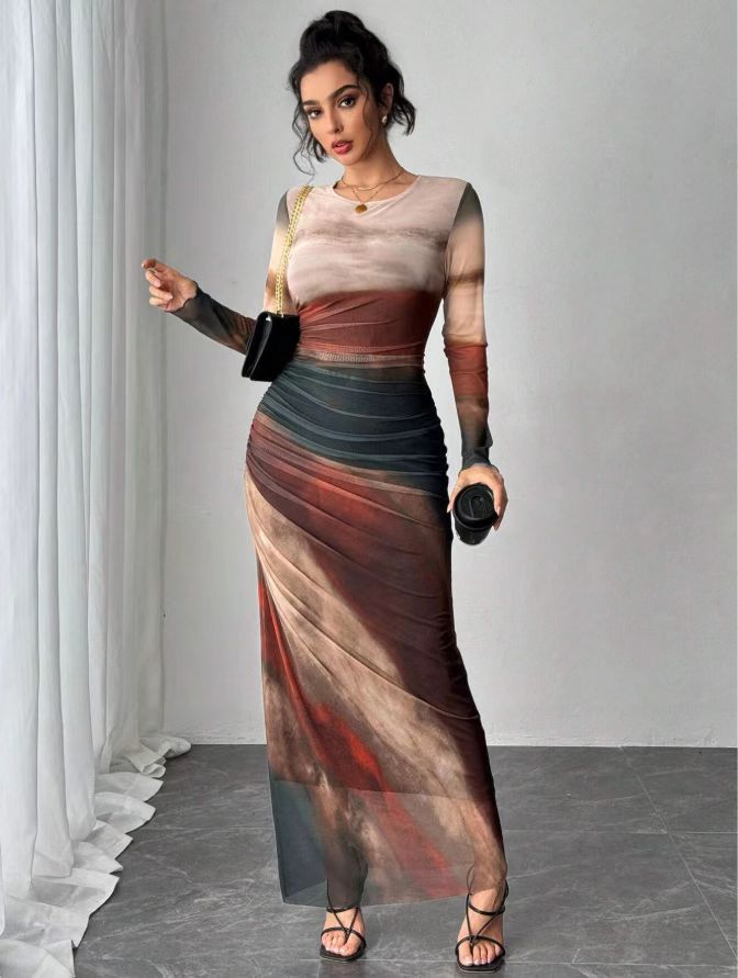 JULIA™ - Comfy Printed Long Sleeve Round Neck Bodycon Maxi Dress CULTÉIRE DUBLIN