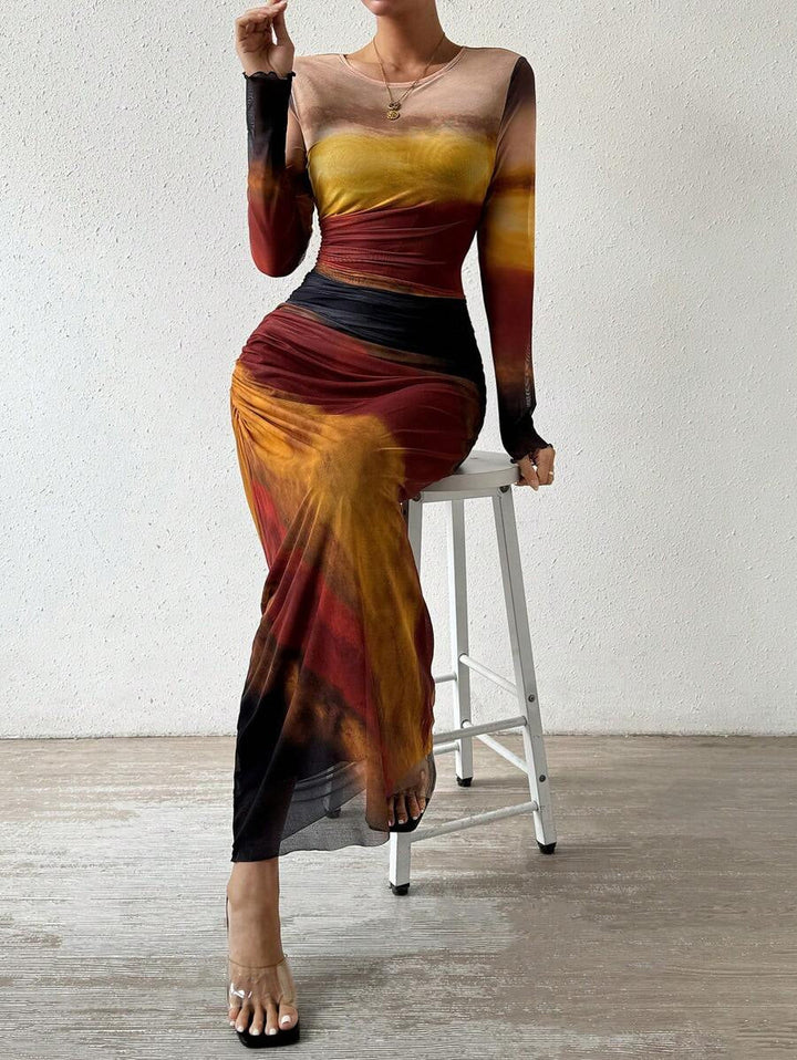 JULIA™ - Comfy Printed Long Sleeve Round Neck Bodycon Maxi Dress CULTÉIRE DUBLIN
