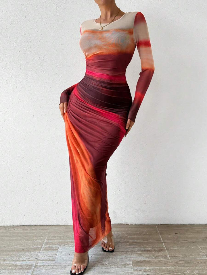 JULIA™ - Comfy Printed Long Sleeve Round Neck Bodycon Maxi Dress CULTÉIRE DUBLIN