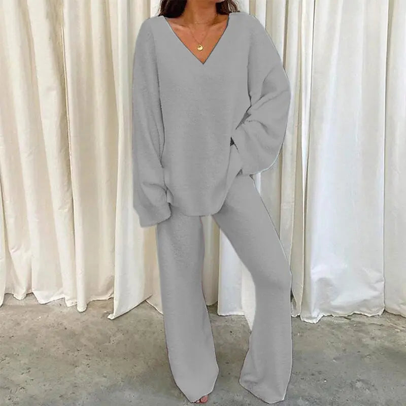 REBECCA™ - Women’s 2-Piece Lounge Set Soft Chunky V-Neck Top & Wide Leg Pants for Homewear CULT ÉIRE