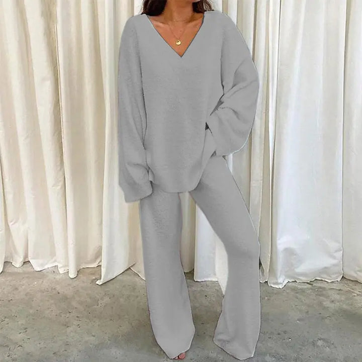 REBECCA™ - Women’s 2-Piece Lounge Set Soft Chunky V-Neck Top &amp; Wide Leg Pants for Homewear CULT ÉIRE