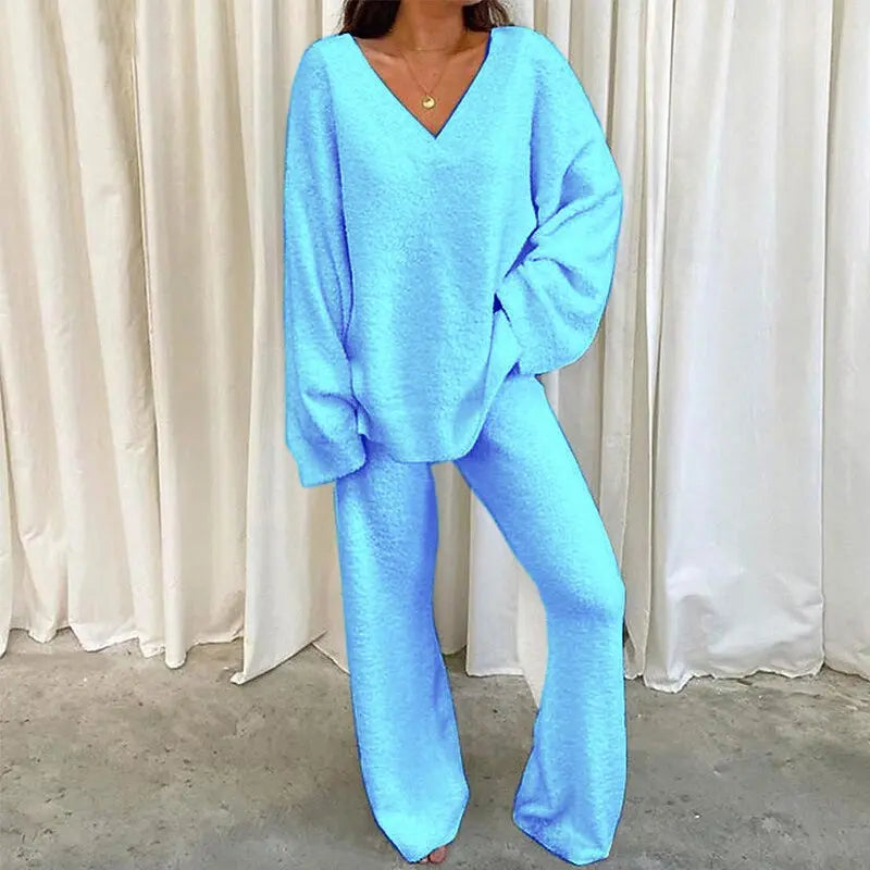 REBECCA™ - Women’s 2-Piece Lounge Set Soft Chunky V-Neck Top &amp; Wide Leg Pants for Homewear CULT ÉIRE