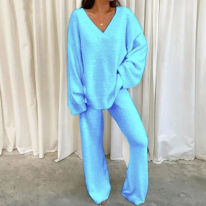 REBECCA™ - Women’s 2-Piece Lounge Set Soft Chunky V-Neck Top &amp; Wide Leg Pants for Homewear CULT ÉIRE
