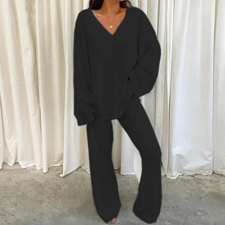 REBECCA™ - Women’s 2-Piece Lounge Set Soft Chunky V-Neck Top &amp; Wide Leg Pants for Homewear CULT ÉIRE