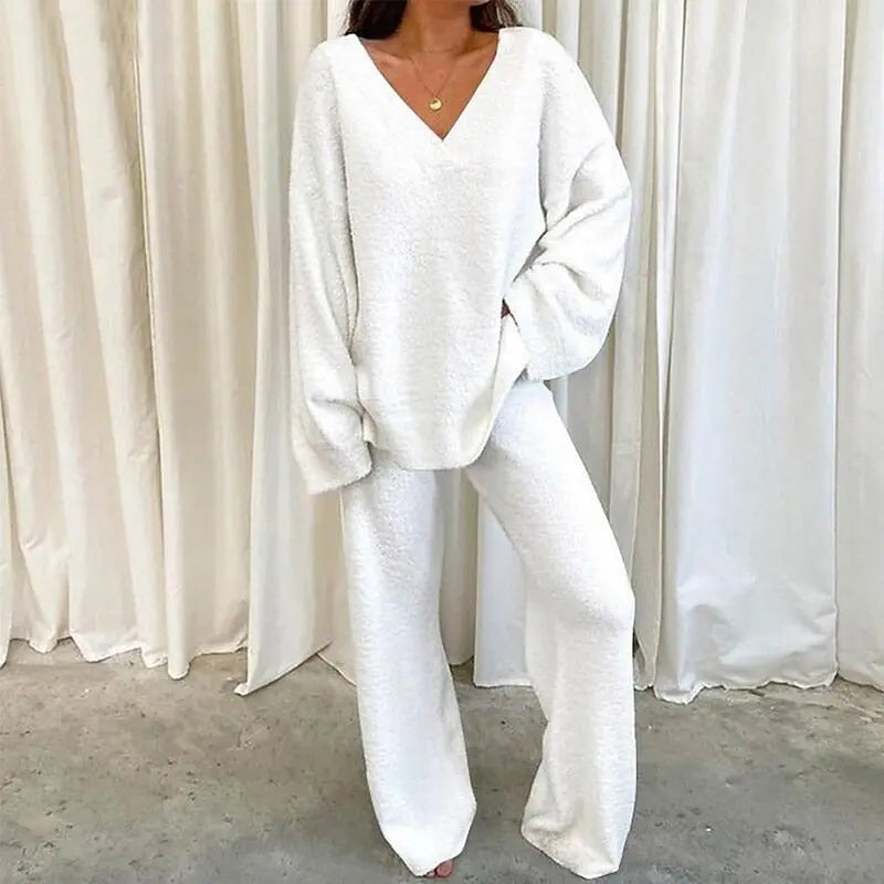 REBECCA™ - Women’s 2-Piece Lounge Set Soft Chunky V-Neck Top &amp; Wide Leg Pants for Homewear CULT ÉIRE
