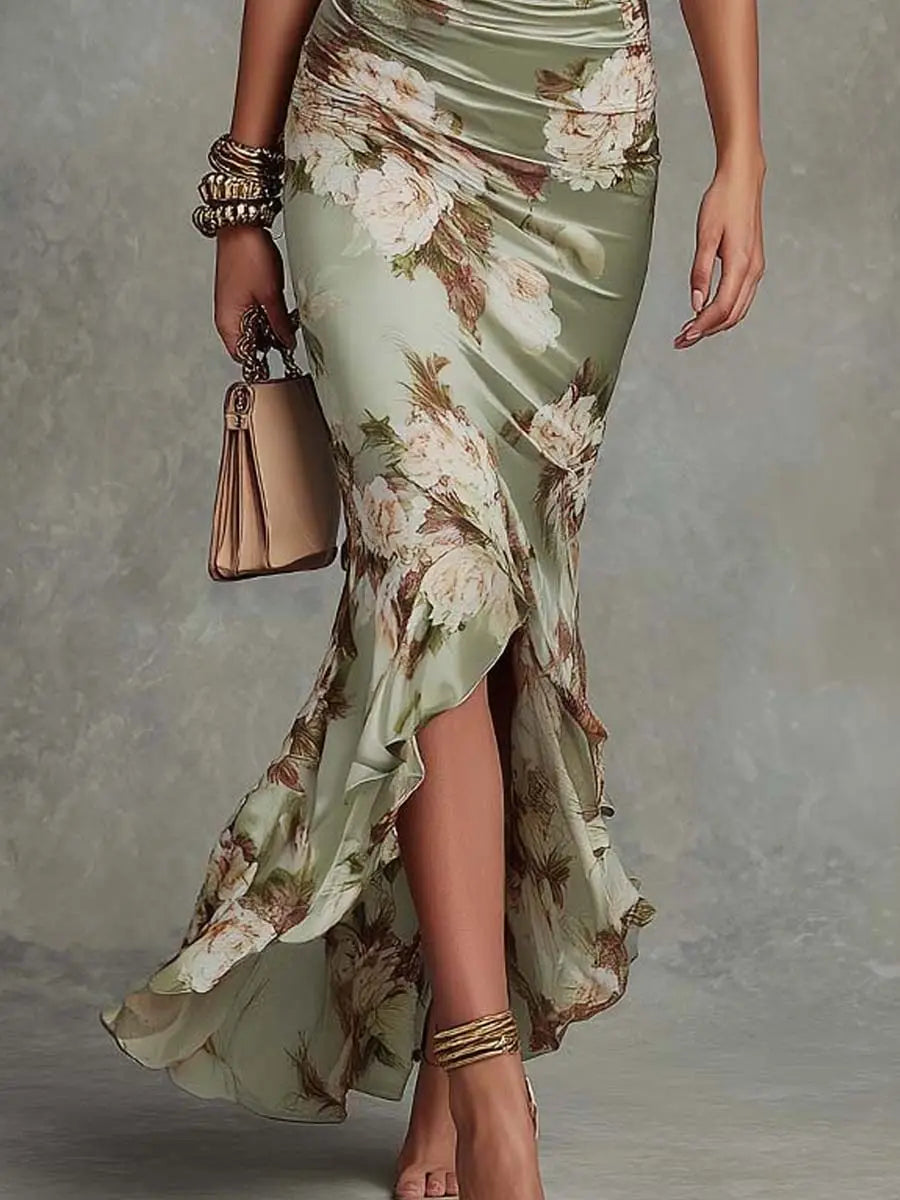 ANNA™ | Asymmetrical Green Maxi Dress with V-Neck, Ruffled Bell Sleeves and Floral Pattern CULT ÉIRE