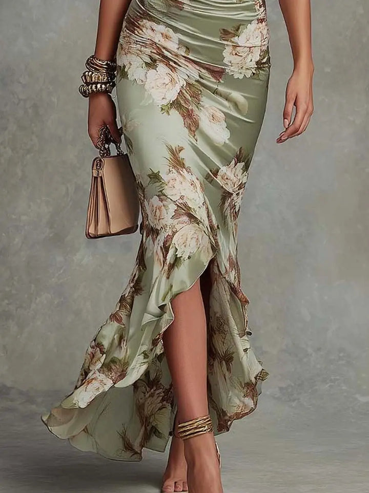 ANNA™ | Asymmetrical Green Maxi Dress with V-Neck, Ruffled Bell Sleeves and Floral Pattern CULT ÉIRE