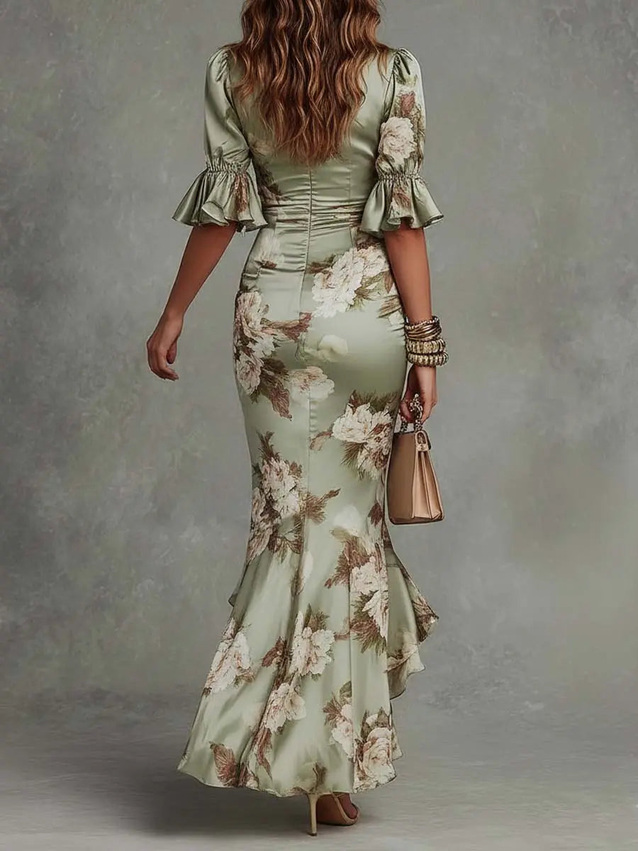 ANNA™ | Asymmetrical Green Maxi Dress with V-Neck, Ruffled Bell Sleeves and Floral Pattern CULT ÉIRE