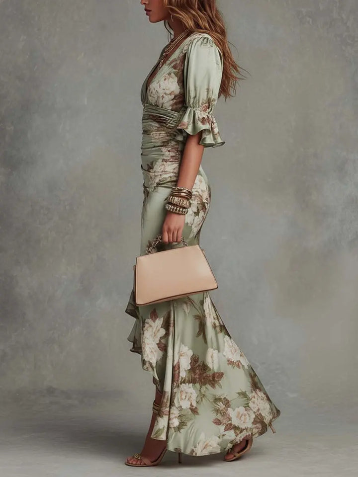 ANNA™ | Asymmetrical Green Maxi Dress with V-Neck, Ruffled Bell Sleeves and Floral Pattern CULT ÉIRE